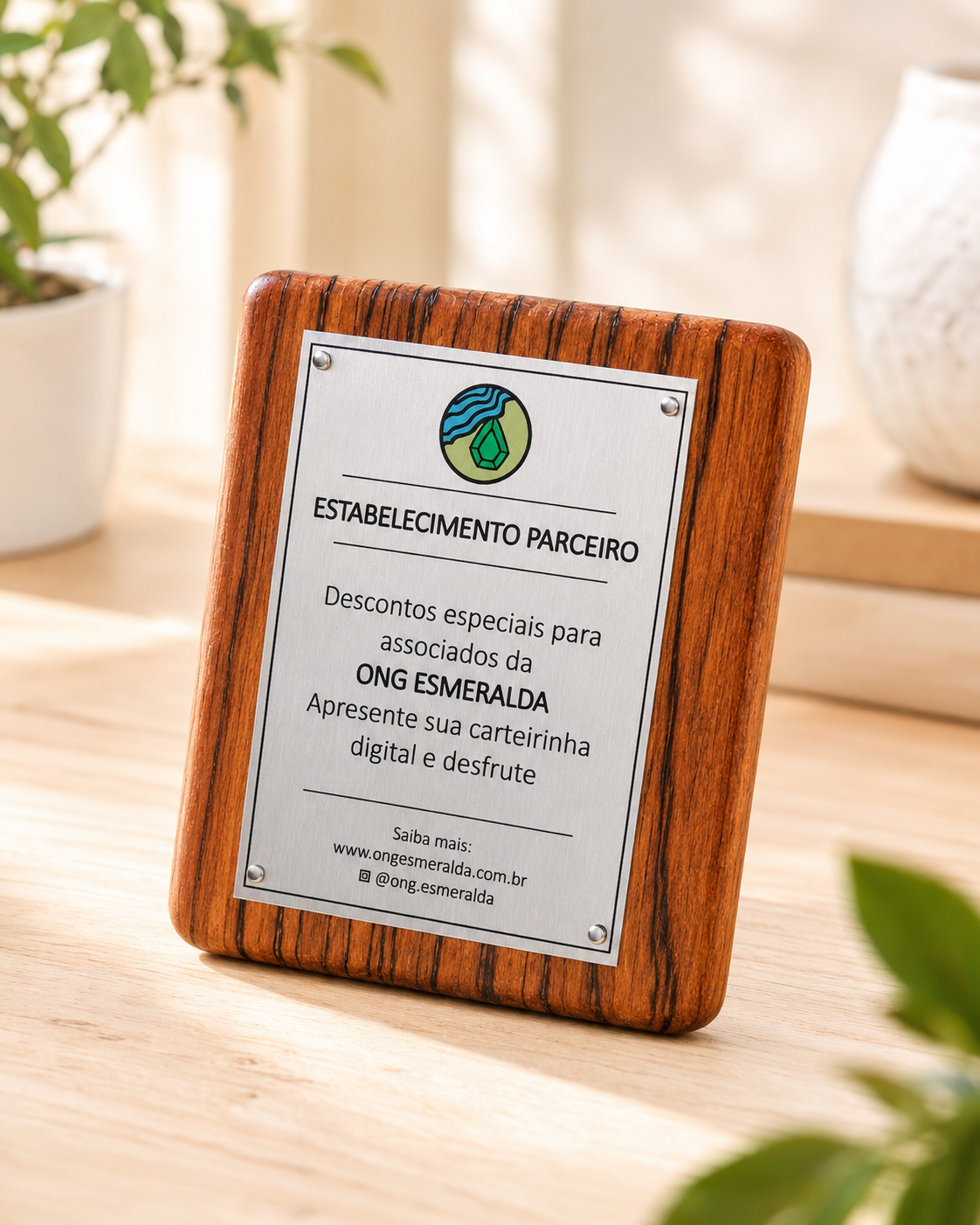 Placa de estabelecimento parceiro da Esmeralda sobre o balcão